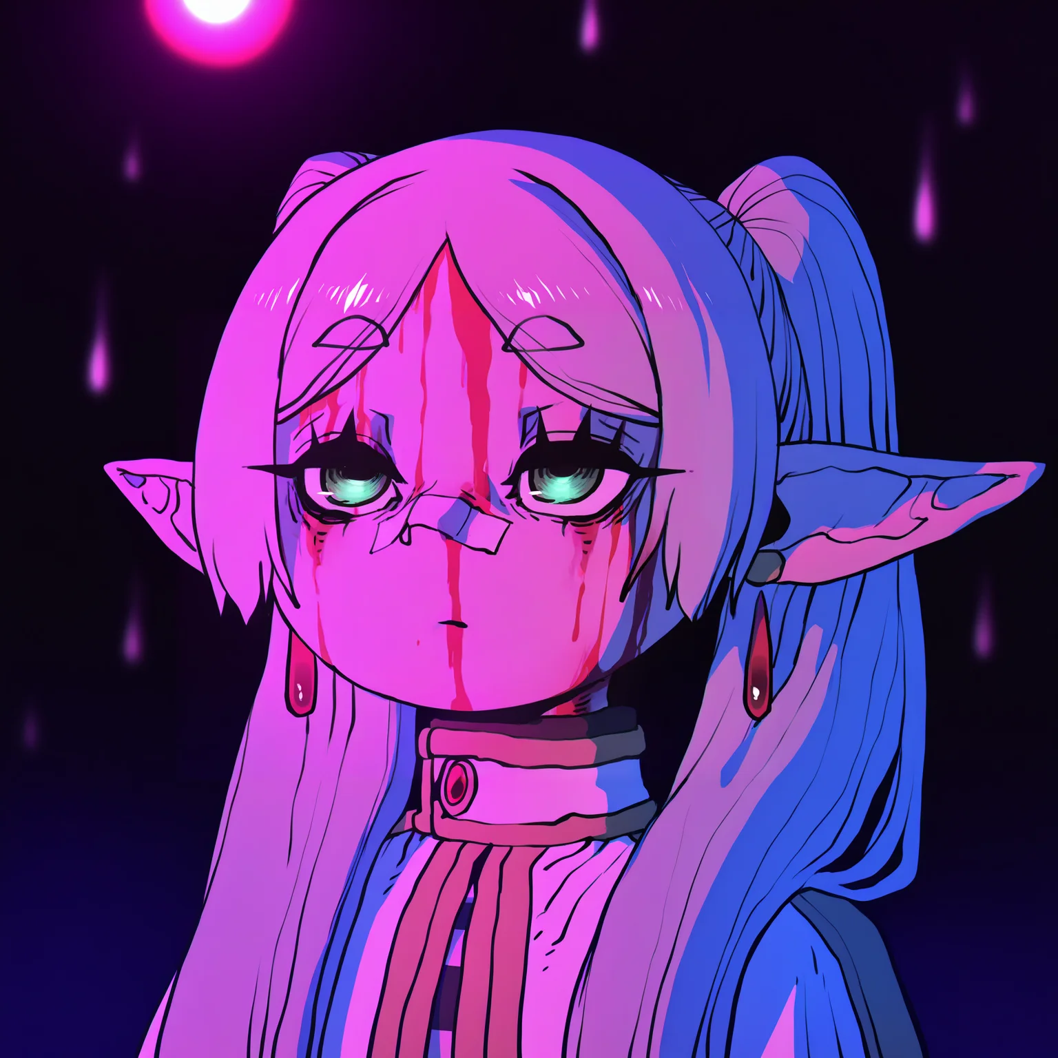 (masterpiece), berserk, horror (theme), dark, darkness, gritty,artist: tsukushi akihito, chromatic aberration, film grain, artist: ssambatea, artist: chii (tsumami tsumamare),dim lighting, amazing quality, beautiful color,
(best quality, amazing quality, very aesthetic, absurdres),{{realistic, (wlop:0.5), pastel concept art}} glitch, aesthetic, {{dissolving particle effects, saturated lens flare}},
(graphite \(medium\))(glitch wave),(dissolving:1.4),
(black background:1.4),
1girl, frieren, green eyes, grey hair, twintails, pointy ears, eyebrows,
white capelet,long sleeves, earrings, striped shirt,
portrait, blood on face, bandaid on nose,blurry background, pink lighting, night, dark, pink theme, rain <lora:YouLookLonelyIllustriousXL_byKonan:1> <lora:FrierenIllustriousXL_byKonan:1>