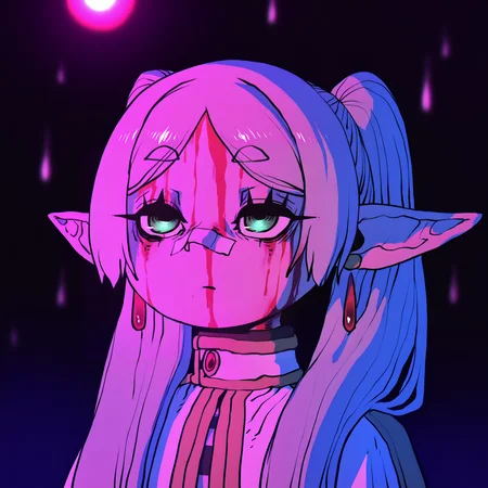 (masterpiece), berserk, horror (theme), dark, darkness, gritty,artist: tsukushi akihito, chromatic aberration, film grain, artist: ssambatea, artist: chii (tsumami tsumamare),dim lighting, amazing quality, beautiful color,
(best quality, amazing quality, very aesthetic, absurdres),{{realistic, (wlop:0.5), pastel concept art}} glitch, aesthetic, {{dissolving particle effects, saturated lens flare}},
(graphite \(medium\))(glitch wave),(dissolving:1.4),
(black background:1.4),
1girl, frieren, green eyes, grey hair, twintails, pointy ears, eyebrows,
white capelet,long sleeves, earrings, striped shirt,
portrait, blood on face, bandaid on nose,blurry background, pink lighting, night, dark, pink theme, rain <lora:YouLookLonelyIllustriousXL_byKonan:1> <lora:FrierenIllustriousXL_byKonan:1>
