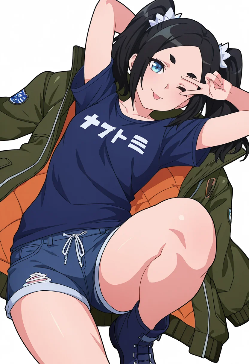 Smooth Quality,masterpiece,very intricate, high quality details, ultra realistic, high detailed skin,detailed enviorement,absurdres,
v over eye,solo,
<lora:Dannar_Toxico_CNR:0.8> toxico_cnr, 1girl,black hair, twintails, blue eyes, thick eyebrows,dark blue footwear,, simple background, white background, dutch angle,
lying down, hands behind head, one knee bent, relaxed expression, casual vibe,  ,, t-shirt, ,flight jacket,  ,cutoff shorts,  ,, ;p,