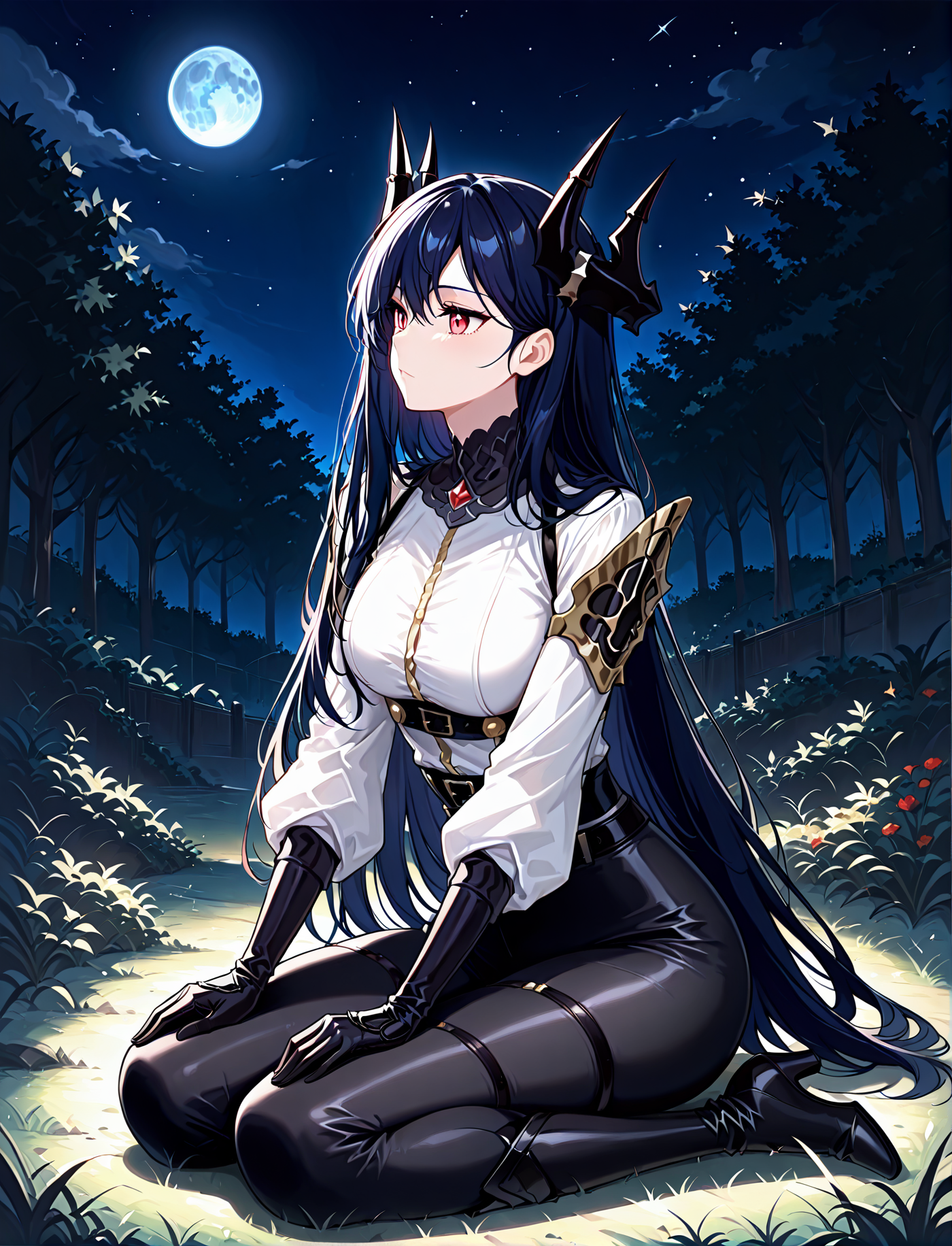 <lora:Caera_Denoir__The_Beginning_After_the_End__Illustrious (1):1>
Caera Denoir, 1girl, solo,dark blue hair, long hair, intricate demon horns, red eyes, tight white blouse with golden buttons, , high-waisted black fitted pants, black gloves, black high-heeled boots, gothic armored shoulder pad, 
score_9, score_8_up, score_7_up, masterpiece, best quality, absurdres, perfect anatomy, 1girl, solo, wariza, sitting, hands on own knees, garden background, night, blue moon