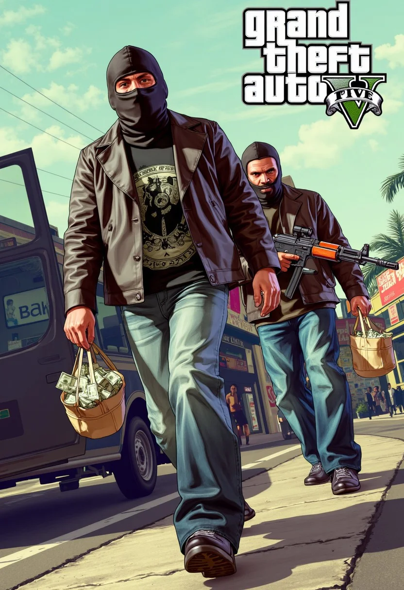 Gaming Poster with Text:"GTA 5". Franklin, Michael and Trevor. wearing full robber clothing and mask, a bag filled with money, holding an AK47 weapon, is running towards the viewer. black van, road, bank building with text "bank". Digital art, artistic, science fiction, aidmaGTA5