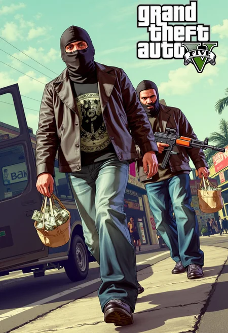 Gaming Poster with Text:"GTA 5". Franklin, Michael and Trevor. wearing full robber clothing and mask, a bag filled with money, holding an AK47 weapon, is running towards the viewer. black van, road, bank building with text "bank". Digital art, artistic, science fiction, aidmaGTA5