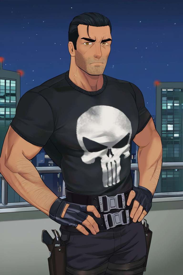 masterpiece, best quality, highres, newest, frankcastle, 1boy, solo, male focus, mature male, short hair, black hair, hair slicked back, brown eyes, thick eyebrows, facial hair, stubble, looking at viewer, muscular male, black shirt, t-shirt, short sleeves, skull print, black pants, belt, holster, black gloves, fingerless gloves, hands on own hips, standing, cowboy shot, outdoors, on roof, rooftop, city, night, night sky <lora:Frank Castle - The Punisher (2005) from Video Game v1.0 BETA [LoRA] - NoobAI-XL EPS 1.0:0.8>