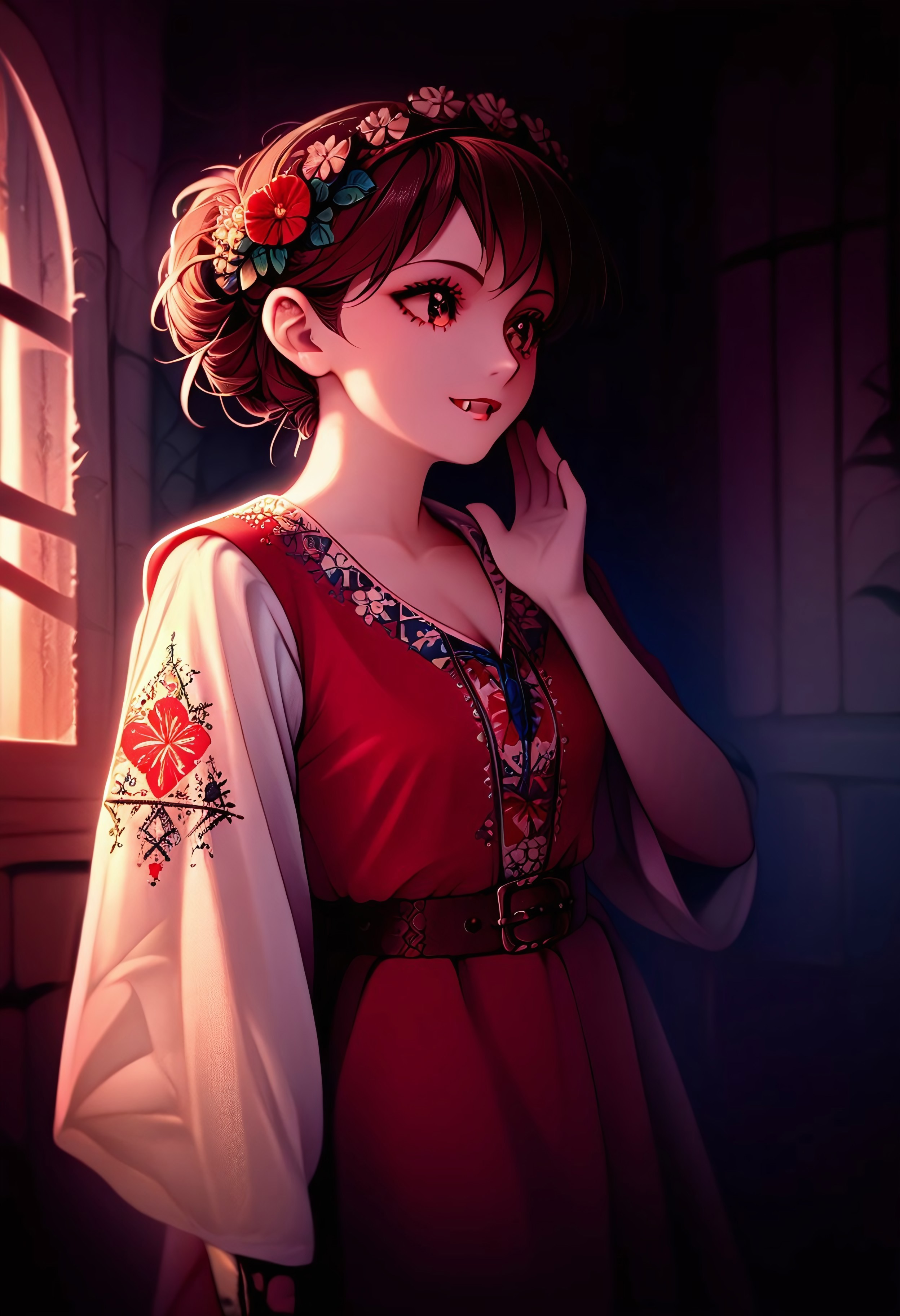 masterpiece, best quality, ultra-detailed, high detail, sharp focus, cinematic lighting, night, score_9, score_8_up, score_7_up, score_6_up, medium shot, beautiful woman, traditional Romanian folk costume, Ie or vyshyvanka blouse with intricate red and blue embroidery, embroidered shirt, half sleeves, ruffles, decorative embroidered folk vest with floral pattern over blouse, fotă red skirt, brown belt, long brown hair in a traditional updo, red flower hair band, pale white skin, red eyes, cute little fang, trickle of blood from her lips, slight half smile, one hand up, holding a little tour triangle flag, background, rustic Eastern European mountain castle ruins setting, (thatched-roof), hay, old-world charm, misty atmosphere, ambient lighting, subtle shadows, realistic fabric textures, embroidered details, historical accuracy, folklore aesthetic, cinematic composition, chiaroscuro shadows, low-key lighting