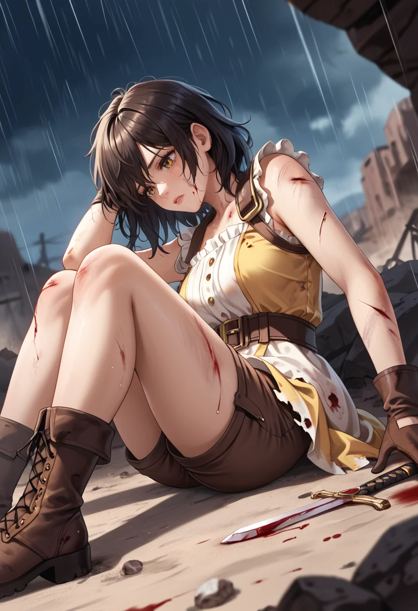 masterpiece, best quality, highly detailed, score_9, score_8_up, score_7_up, score_6_up, source_anime, high resolution, 8k, very aesthetic, absurdres, dim lighting, gentle shadows,
1girl, solo, magical girl dress, yellow steampunk dress, (brown shorts:1.2), utility belt, brown boots, brown gloves, black tights, black hair, medium hair, messy hair, lying, defeated, looking down, blood, blood on clothes, blood on face, tired, battlefield, bloody, corpses, rubble, Battle Damage, cuts, bruises, damaged, torn clothes, blood, fortress, wasteland, desert, heavy rain, dark cloud, night sky, dark theme, light particles, ripped clothes, hurt, injured, scars, blood tears, blood pool, dying, broken sword, reclining on ruin, rocks, ruins, rain, smoke, side view, low angle, wide shot, blurry background, depth of field, shadow, ghostshell, retrostyle,
<lora:DNDFG:0.2>,