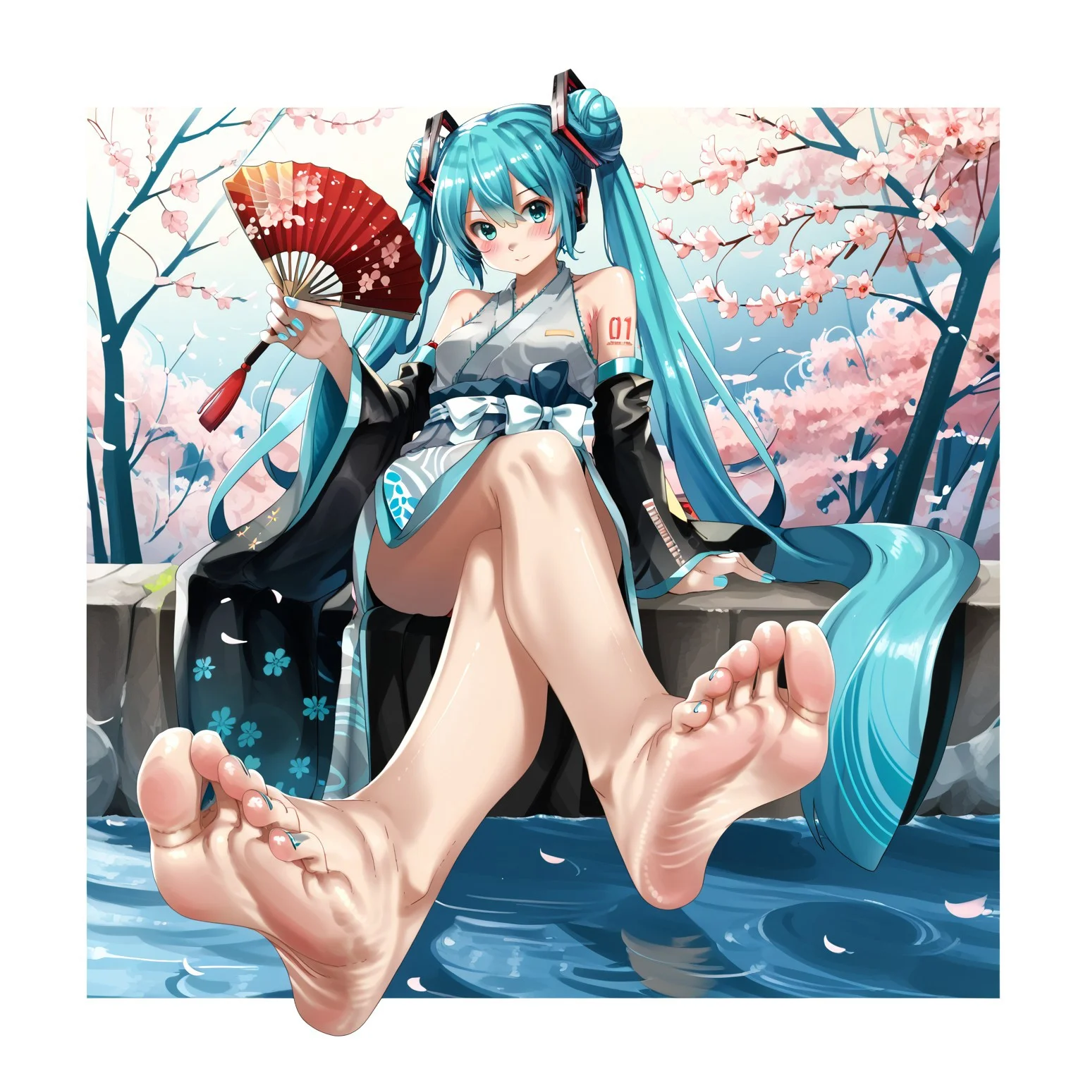 eijifeet, hatsune miku, 1girl, aqua eyes, aqua hair, arm support, bare legs, bare shoulders, barefoot, blue nails, blush, border, detached sleeves, double bun, feet, foot focus, foreshortening, full body, hair bun, hand fan, holding, holding fan, japanese clothes, kimono, nail polish, side slit, sidelocks, sitting, soles, solo, toenail polish, toenails, white border, vocaloid, crossed legs,
