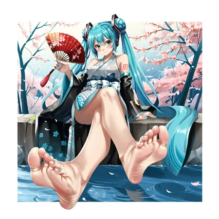 eijifeet, hatsune miku, 1girl, aqua eyes, aqua hair, arm support, bare legs, bare shoulders, barefoot, blue nails, blush, border, detached sleeves, double bun, feet, foot focus, foreshortening, full body, hair bun, hand fan, holding, holding fan, japanese clothes, kimono, nail polish, side slit, sidelocks, sitting, soles, solo, toenail polish, toenails, white border, vocaloid, crossed legs,