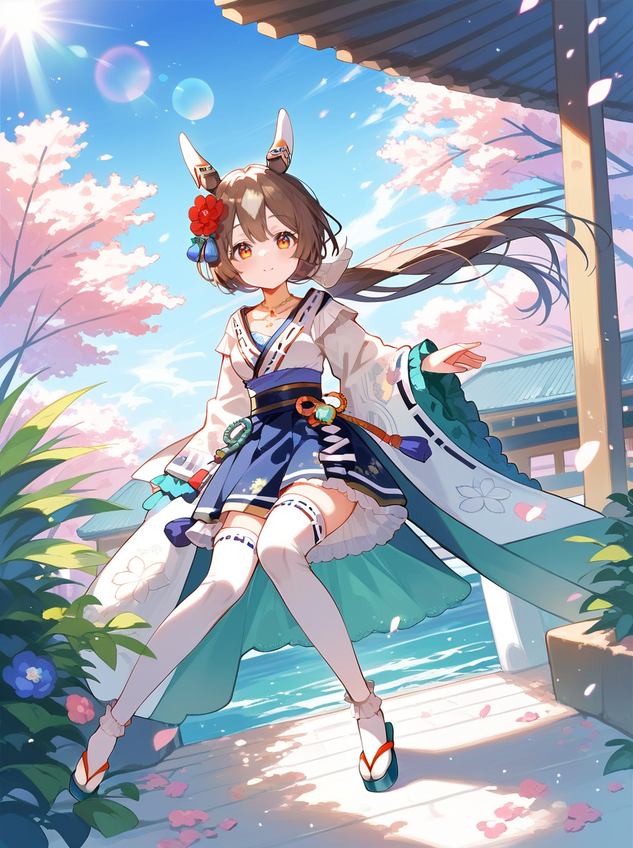score_9, score_8_up, score_7_up, rating_safe, masterpiece, best quality, absurdres, unity 8k wallpaper, official art, official style, source_anime,
satono diamond \(umamusume\), 1girl, green frilled white thighhighs, horse ears, full body, horse tail, looking at viewer, green zouri, wide sleeves, zettai ryouiki, collarbone, low ponytail, blue kimono skirt, white ear covers, white tabi, multicolored kimono, blue obi, red hair flower, white necklace, light blue inner shirt
light rays,lens flare,light particles,beautiful detailed eyes,dynamic pose,dynamic angle,outdoor,
 <lora:pony_satono_diamond_v1.02:1>
