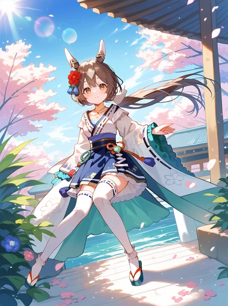 score_9, score_8_up, score_7_up, rating_safe, masterpiece, best quality, absurdres, unity 8k wallpaper, official art, official style, source_anime,
satono diamond \(umamusume\), 1girl, green frilled white thighhighs, horse ears, full body, horse tail, looking at viewer, green zouri, wide sleeves, zettai ryouiki, collarbone, low ponytail, blue kimono skirt, white ear covers, white tabi, multicolored kimono, blue obi, red hair flower, white necklace, light blue inner shirt
light rays,lens flare,light particles,beautiful detailed eyes,dynamic pose,dynamic angle,outdoor,
 <lora:pony_satono_diamond_v1.02:1>