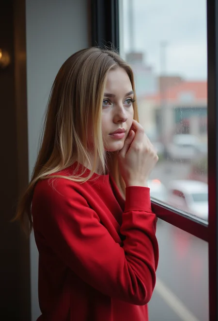 S4DC1NE, a woman is standing by the window, wearing a red sweatshirt, with straight blonde hair, she is in her 20s