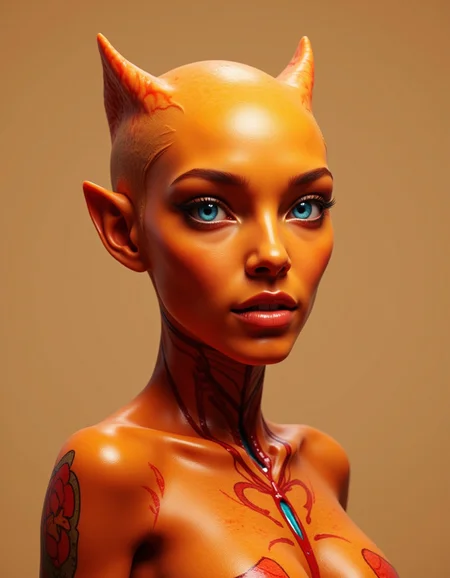 Hybrid_Hu_Al, This is a highly detailed, CGI-rendered digital artwork featuring a futuristic, alien woman with striking features. The subject has a humanoid face with exaggerated, elongated features, including high cheekbones, a sharp jawline, and piercing blue eyes. Her skin is a vibrant, glowing orange color with a smooth, slightly glossy texture, suggesting a synthetic or alien material.