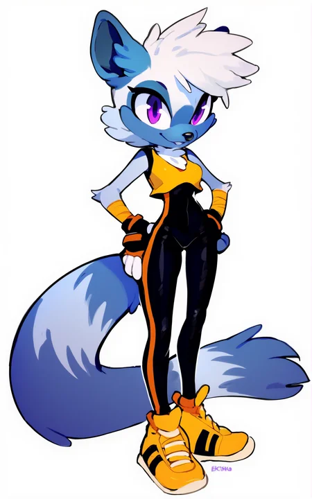 score_9, score_8_up, score_7_up,((best quality)),((full body)), absurdres,<lora:3d-2d:0.8>, <lora:TangleTheLemurSDXL:0.75>,TangleTheLemurSDXL,furry female, furry, gloves, tail, animal ears, fingerless gloves,purple eyes, short hair, shoes,animal nose,white hair,bodysuit, bandages, yellow footwear, skin tight,blue fur, black bodysuit, Sleeveless,yellow crop top,((white background)),standing, hands on hip,solo,slim