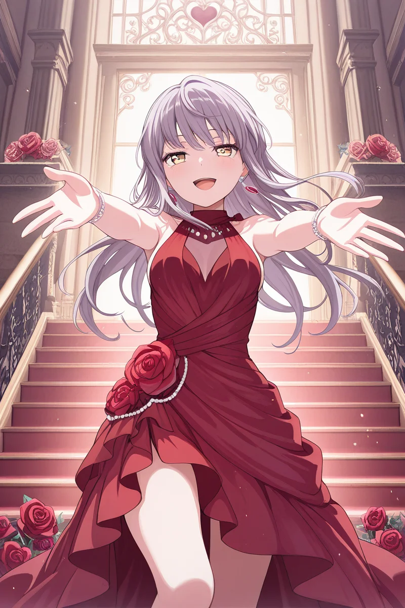 masterpiece, best quality, amazing quality,
<lora:Yukina_IL:1> yukina, 1girl, dress, long hair, red dress, solo, jewelry, earrings, open mouth, bangs, flower, yellow eyes, outstretched arms, rose, smile, stairs, sleeveless, breasts