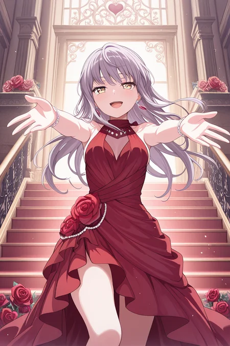 masterpiece, best quality, amazing quality,
<lora:Yukina_IL:1> yukina, 1girl, dress, long hair, red dress, solo, jewelry, earrings, open mouth, bangs, flower, yellow eyes, outstretched arms, rose, smile, stairs, sleeveless, breasts