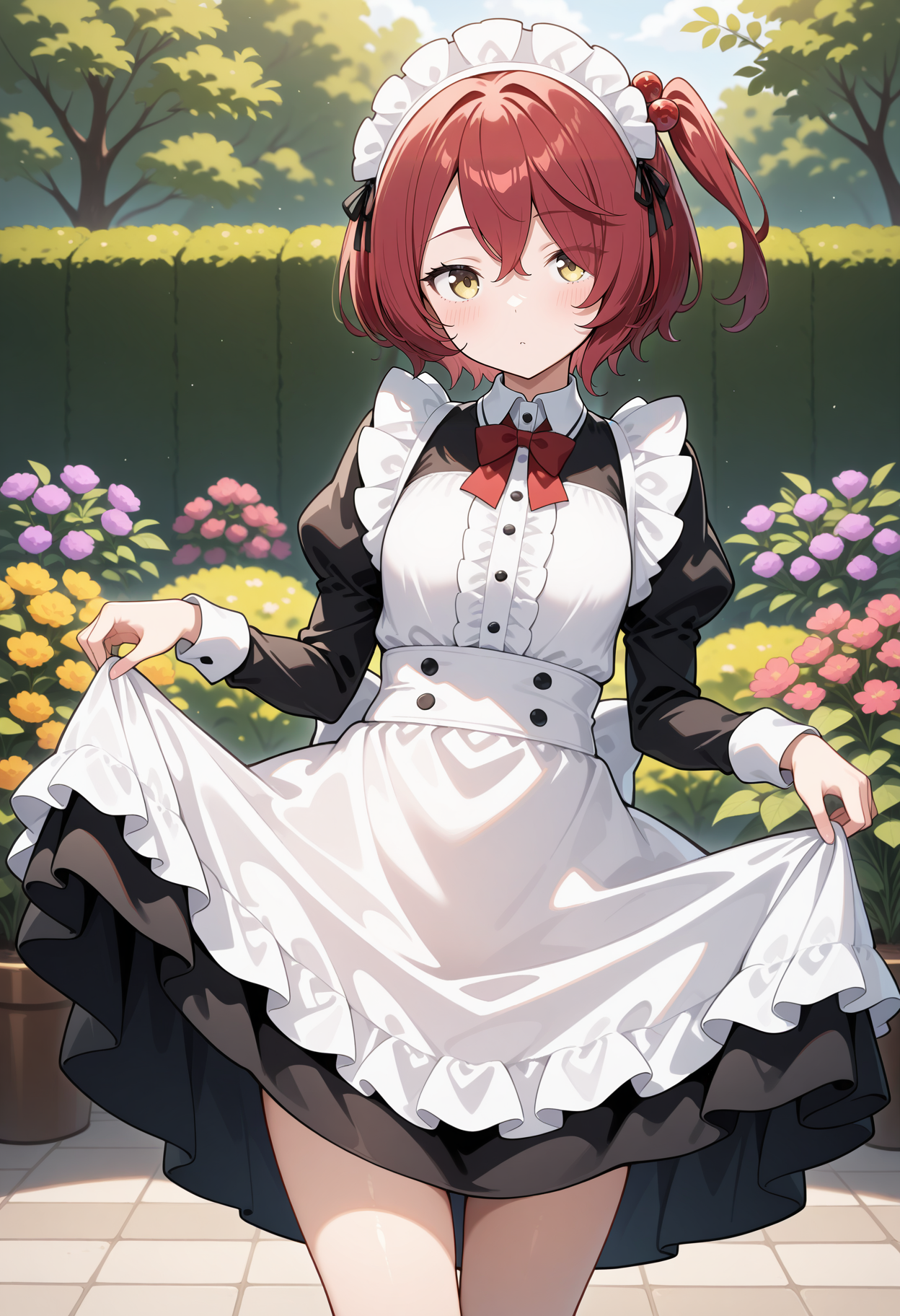 aakomari, short hair, red hair, one side up, hair bobbles, <lora:komari_chika_ilxl_v1:0.9>, solo, maid, maid headdress, aapron, garden, standing, cowboy shot, skirt hold,
ultra-detailed, masterpiece, newest, best quality