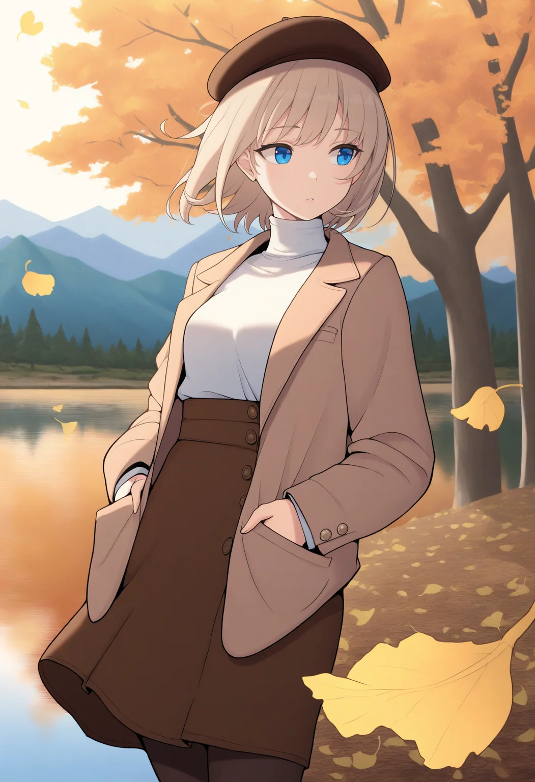 masterpiece, best quality, looking to the side, 1girl, short hair, light brown hair, blue eyes, beret, blazer, turtleneck, high-waist skirt, pantyhose, hands in pocket, outdoors, autumn, lake, tree, mountain, falling leaves, wind