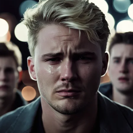 cinematic film still of <lora:crying style:0.8>
<lora:detailed:0.5>
<lora:perfection style:0.5>
a man with tears on his face is crying.,looking at viewer,short hair,blonde hair,black hair,1boy,male focus,multiple boys,solo focus,blurry,blurry background,facial hair,portrait,realistic , crying, sad, teary face, tears, crying style, shallow depth of field, vignette, highly detailed, high budget, bokeh, cinemascope, moody, epic, gorgeous, film grain, grainy