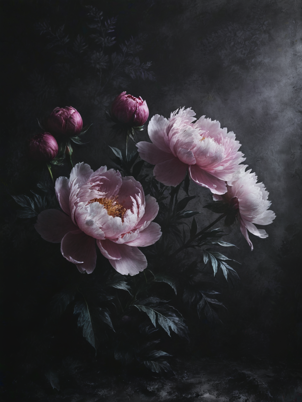 Flowers painted on a dark wall with patterns. Peonies on the wall. Design for walls, photo wallpaper, wallpaper, murals, cards, postcards, paintings.    <lora:Desolation:0.8>
