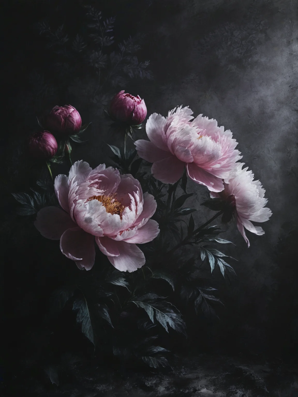 Flowers painted on a dark wall with patterns. Peonies on the wall. Design for walls, photo wallpaper, wallpaper, murals, cards, postcards, paintings. <lora:Desolation:0.8>