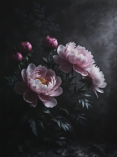 Flowers painted on a dark wall with patterns. Peonies on the wall. Design for walls, photo wallpaper, wallpaper, murals, cards, postcards, paintings. <lora:Desolation:0.8>