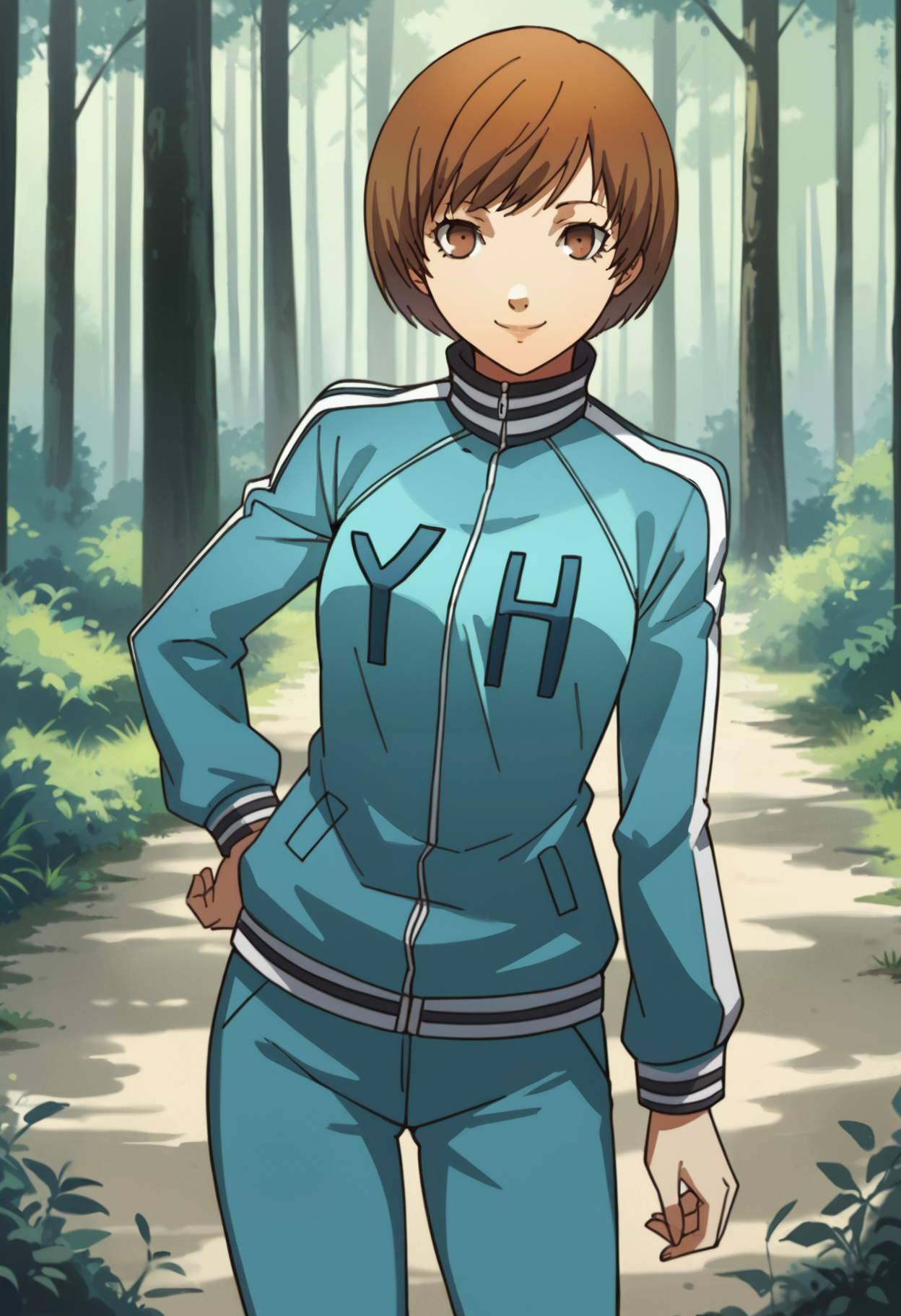 score_9, score_8_up, source_anime
1 girl, solo, cute face,
p4chie, satonaka chie, short hair, brown hair,
p4chie-track, long sleeves, track jacket, track suit, track pants, striped collar, striped sleeves, zipper, yh, sneakers,
outdoors, forest, looking at viewer, smiling,
masterpiece, best quality, ultra detailed,