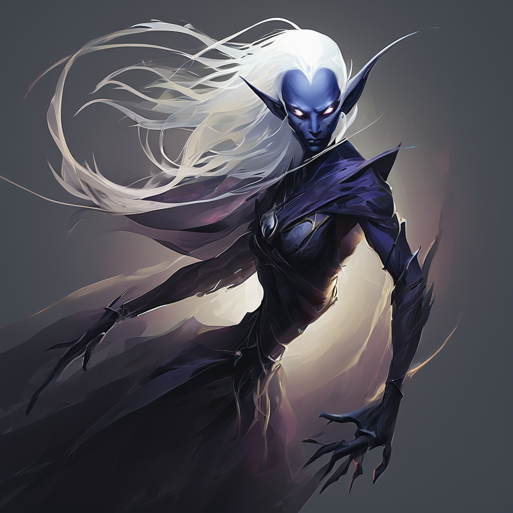 Drow are the Dark Elves of the Underworld - fearless killers who are known for both their spellcasting and fighting ability. Though more frail than humans,they are solid fighters with a great reputation of ruthlessness and precision. Those who cross a dark elf usually meet a swift demise. Drow are tallish elves with indigo skin and white hair,and usually have either red or golden eyes.,masterpiece,long exposure,layered elements,motion photography,stark contrasting color transitions,saturated colors,harmonious color story,illusionism,beautiful details,blackhole energy core,
<lora:artfullydrow__sdxl_v1:1>,