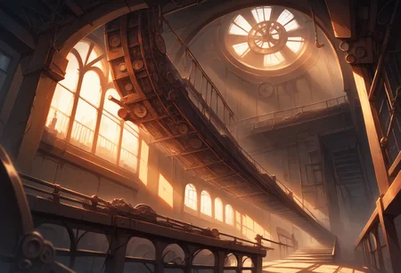 score_9, score_8_up, score_7_up BREAK impossible architecture, gears, stairs, upside-down, cables, steampunk, machine, machinery, no humans, wallpaper, detailed,interior, indoors, environment, pumps, smoke, railing, building, light particles, sunbeam, crepuscular rays, [factory|church], depth of field, blurry background, blurred foreground, sunset, orange theme, rust, abandoned, ceiling, perspective,