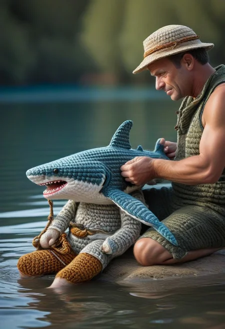 A fisherman has caught a shark and is trying to feel it in, the shark has been half pulled out of the water by the fisherman's line, lake, sitting, by saint exupery, crocheted style