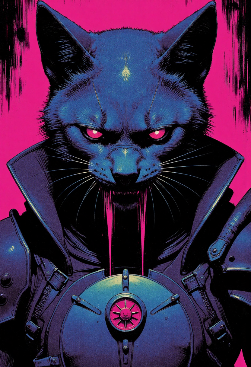 A mesmerizing digital painting captures the eerie, haunting beauty of a close-up view of an Info Dealerbeastmaster's fearsome Gajalaka Palico face. The subject is surrounded by intricate details that showcase his unique riot shield emblem adorning his armor, as well as every groove and texture in the creature's leathery skin, sharp teeth, beady eyes, and sinewy muscles accentuated by his intimidating riot shield. This modern dark fantasy artwork masterfully captures the unsettling yet intriguing allure of this cat-like creature from the world of Monster Hunter. The artist uses bold colors, heavy brushstrokes, intricate linework, and expert use of light and shadow to create an atmosphere of foreboding tension, showcasing the formidable Gajalaka in its macabre glory within the realm of modern dark fantasy art., <lora:test2-000013-nistyle:0.5> Nistyle,<lora:Reticulating_Noise_Gradient_Flux:0.3> Reticulating Noise Gradient, noisy, grain-shaded gradient, vibrant neon fluorescent hues, grainy, pixelated texture, filter-enhanced, stylized image, monochromatic color scheme, neon fluorescent theme,<lora:Wiz-Arcana-Spectral_Glow:0.35> spectral glow, chromatic grain, motion blur, diffuse silhouette, light leak effect, prism effect, inverted negative film, ethereal, <lora:DND_GRAINYBOYZ_FG_FLUX_V2_ROMULUS_Lora:0.35><lora:DND_COLORBOYZ_FG_FLUX_REMUS_Lora:0.25> DNdGr41nyB0yz style, <lora:ck-greasepencil-000018:0.5> high quality fine line concept art drawing in the style of ckgp