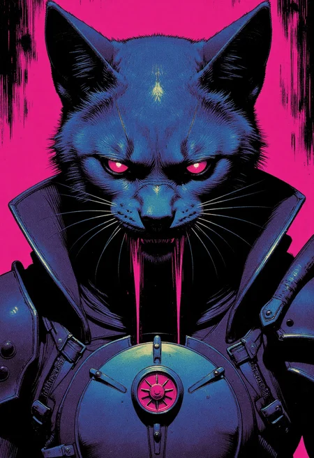 A mesmerizing digital painting captures the eerie, haunting beauty of a close-up view of an Info Dealerbeastmaster's fearsome Gajalaka Palico face. The subject is surrounded by intricate details that showcase his unique riot shield emblem adorning his armor, as well as every groove and texture in the creature's leathery skin, sharp teeth, beady eyes, and sinewy muscles accentuated by his intimidating riot shield. This modern dark fantasy artwork masterfully captures the unsettling yet intriguing allure of this cat-like creature from the world of Monster Hunter. The artist uses bold colors, heavy brushstrokes, intricate linework, and expert use of light and shadow to create an atmosphere of foreboding tension, showcasing the formidable Gajalaka in its macabre glory within the realm of modern dark fantasy art., <lora:test2-000013-nistyle:0.5> Nistyle,<lora:Reticulating_Noise_Gradient_Flux:0.3> Reticulating Noise Gradient, noisy, grain-shaded gradient, vibrant neon fluorescent hues, grainy, pixelated texture, filter-enhanced, stylized image, monochromatic color scheme, neon fluorescent theme,<lora:Wiz-Arcana-Spectral_Glow:0.35> spectral glow, chromatic grain, motion blur, diffuse silhouette, light leak effect, prism effect, inverted negative film, ethereal, <lora:DND_GRAINYBOYZ_FG_FLUX_V2_ROMULUS_Lora:0.35><lora:DND_COLORBOYZ_FG_FLUX_REMUS_Lora:0.25> DNdGr41nyB0yz style, <lora:ck-greasepencil-000018:0.5> high quality fine line concept art drawing in the style of ckgp