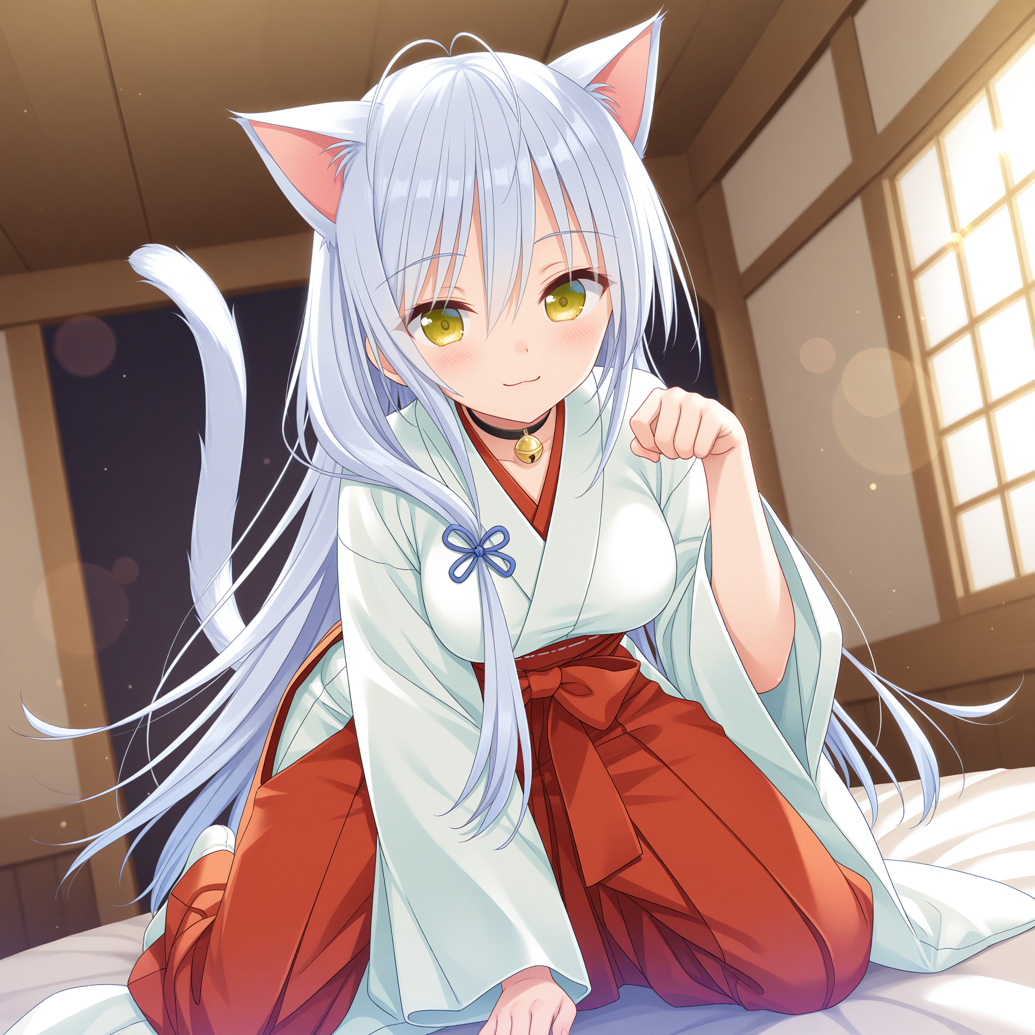 <lora:Umino_Miyako_1_nai-000029:1>,Umino Miyako,hair ribbon,blue ribbon,single braid,
cat ears,cat tail,
japanese clothes,miko,red hakama,black choker,neck bell,jingle bell,hakama skirt,wide sleeves,white kimono,
BREAK
1girl,solo,smile,looking at viewer,on bed,depth of field,lens_flare,paw pose,