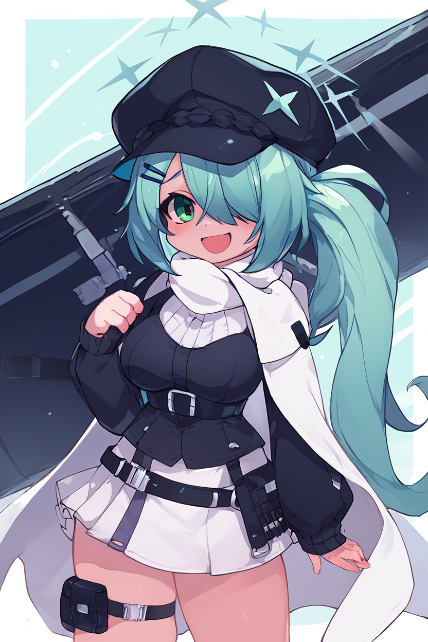 score_9, score_8_up, score_8, medium breasts, (curvy), cute, eyelashes,       BREAK, , ,,,  zzHiyori, long hair, hair over one eye, side ponytail, hairclip, hair ornament, aqua hair, green eyes, black headwear, hat, cabbie hat, long sleeves, white skirt, belt, white scarf, <lora:Hiyori_BlueArchive_PDXL_v2:0.8>,   ,,,, BREAK, smile, looking at viewer, cowboy shot, ,,, embedding:zPDXL, Expressiveh, ,,, <lora:Zankuro_Style_PDXL:0.8> <lora:SDXLFaeTastic2400:0.5>, <lora:Expressive_H-000001:0.4>,
