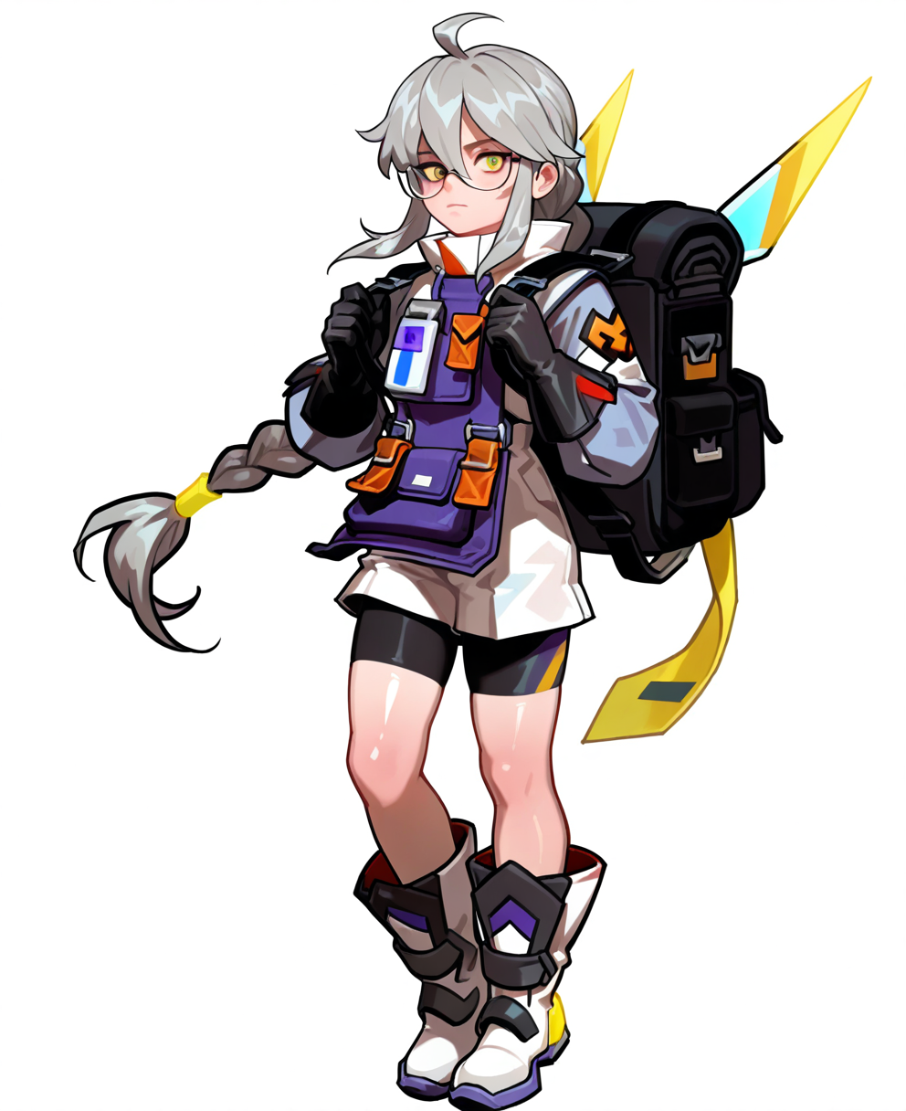 <lora:smashlegends:1> smashlegends,
(masterpiece), (best quality), (ultra-detailed), amazing quality, very aesthetic, illustration, perfect composition, intricate details, absurdres, incredibly absurdres, shiny skin, realistic,
 smashlegends, solo, braid, gloves, 1boy, boots, male focus, full body, long hair, glasses, grey hair, shorts, simple background, white footwear, backpack, closed mouth, looking at viewer, single braid, white background, black gloves, yellow eyes, braided ponytail, ahoge, standing, hands up, hair between eyes, bag, long sleeves, floating, rimless eyewear, jetpack, framed eyewear, sidelocks, general