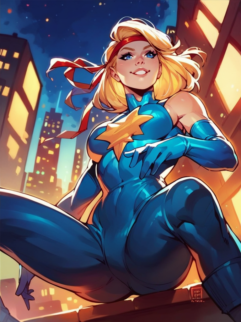 score_9, score_8_up, score_7_up, 1girl, sitting on bench, spread legs, sexy pose, cowboy shot, (dynamic pose:1.1), dynamic angle, light smile, city, night, from below,
 <lora:DazzlerClassic_character:1>, DazzlerXLP, blonde hair, blue eyes, hairband, bodysuit, star \(symbol\),