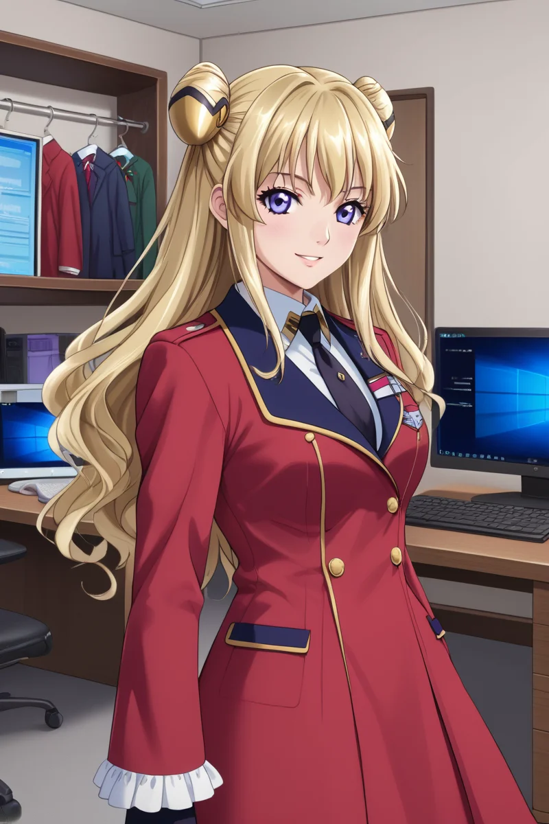<lora:leila_malcal_CGA_pony:0.7>leila malcal, hair accessories, winter military uniform, 1girl, long hair, blue eyes, blonde hair, hair ornament, gloves, dress, school uniform, purple eyes, hair bun, double bun, standing, computer room, indoor, monitoring room, looking at viewer, red coat, cheerful, smile, anime coloring, frill sleeves, contrapposto,