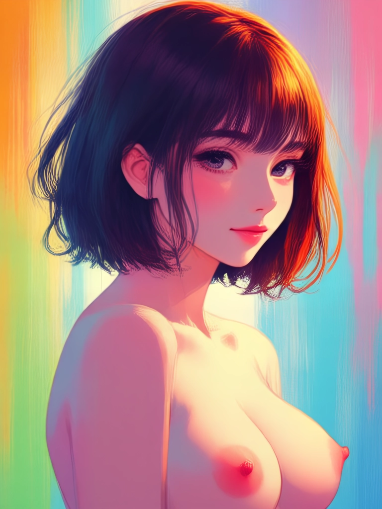 An animated painting in impressionistic style with bold brush strokes about the side silhouette of a beautiful woman with pretty eyes and shorter brown hair and large bare breasts with large nipples over a simple colorful background. She turns her head directly at the viewer.