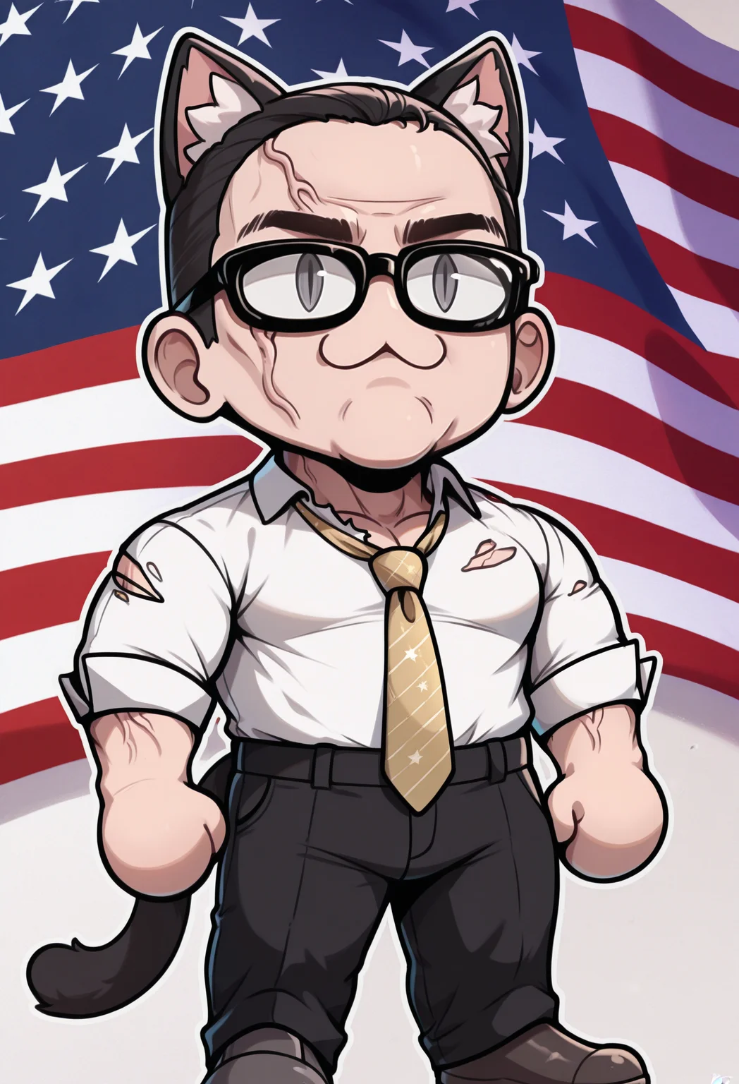 1boy, solo, american flag background
masterpiece, best quality, <lora:necoarccon-guy90-Illust-LycorisV1:1>, noccen, animal ears, :3, chibi, animal ear fluff, cat tail, slit pupils, <lora:Senator-Armstrong-NoobAi-1.1_V1-Manityro-CAME:1> grey eyes, buzz cut, black hair, very short hair, manly, double chin, veins, black-framed eyewear, white shirt, torn clothing, torn shirt, yellow necktie, black pants