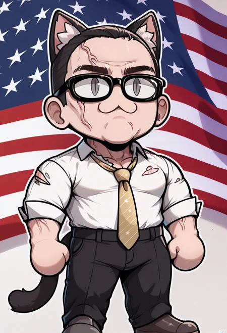 1boy, solo, american flag background
masterpiece, best quality, <lora:necoarccon-guy90-Illust-LycorisV1:1>, noccen, animal ears, :3, chibi, animal ear fluff, cat tail, slit pupils, <lora:Senator-Armstrong-NoobAi-1.1_V1-Manityro-CAME:1> grey eyes, buzz cut, black hair, very short hair, manly, double chin, veins, black-framed eyewear, white shirt, torn clothing, torn shirt, yellow necktie, black pants