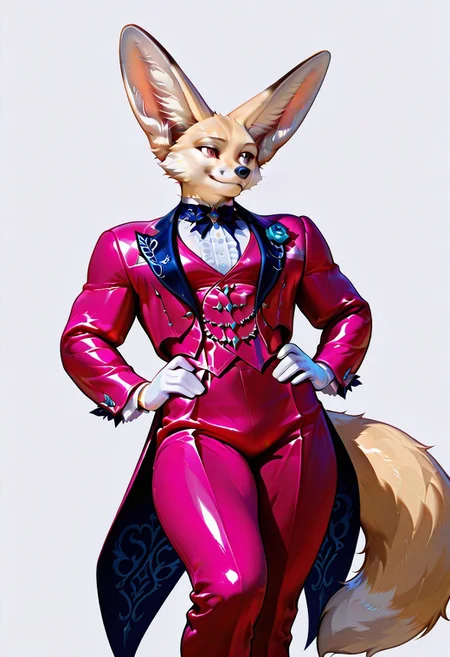 AnthroFennec, score_9, score_8_up, rating_safe,
1boy, big muscles, slender hips, haute couture suit, weight on one leg, hands on hips, smile, dynamic angle