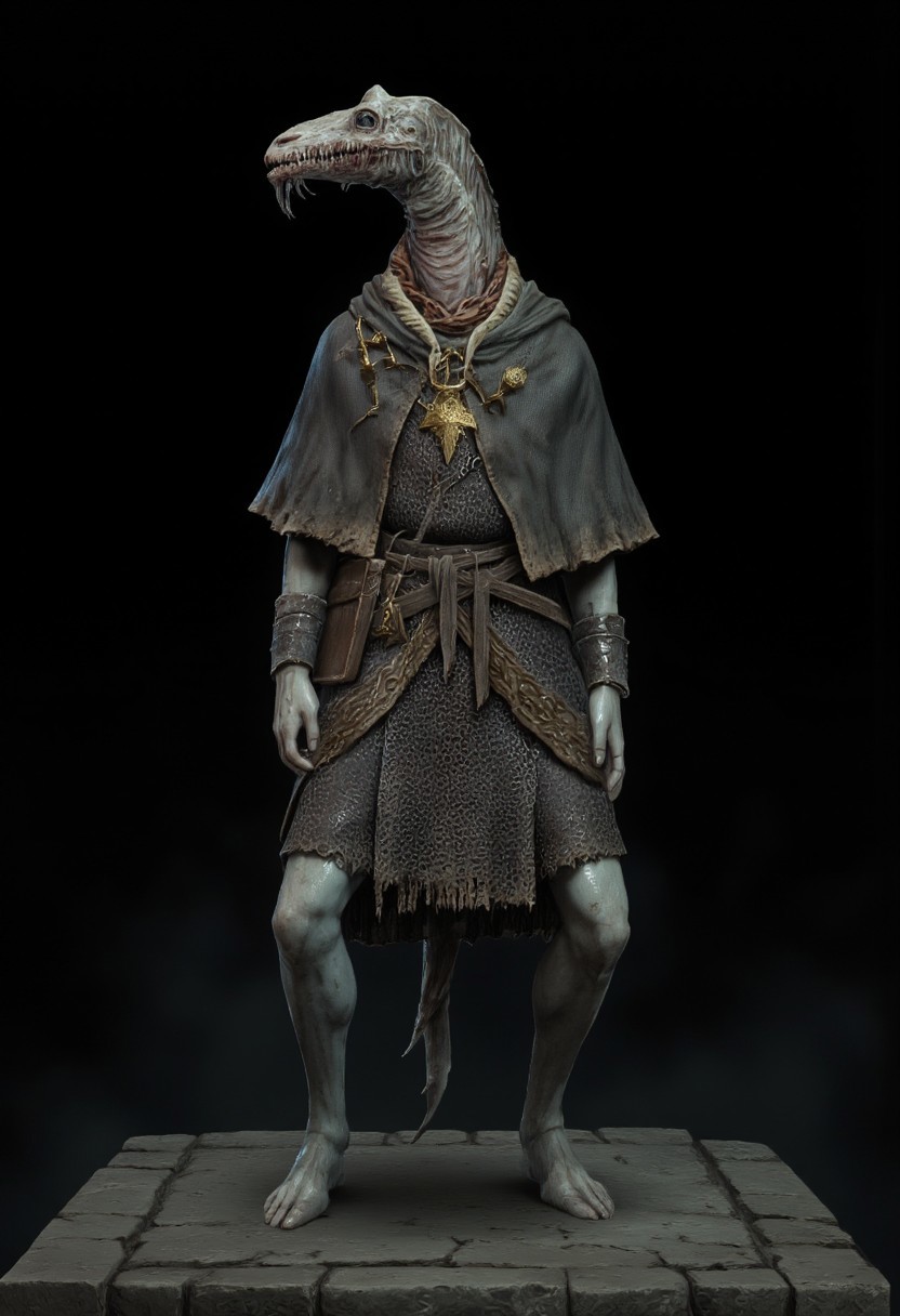 malformed hobo Miner lizardman in a roman soldier armor mixed with legionnaire attire, Toad shaped skull, elongated cobra neck, horse hoofs instead of legs
Standing on a flat ground
Set against a solid dark black color background to emphasize its unsettling unnatural form that emphasizes its silhouette. The medium is not a traditional painting or illustrative medium like watercolor or ink but rather a digital 3D rendering.
MikeFranchinastyle, bbstyle,, horror theme,, ZBClay model of a gray sculpture, zbrush, d4arks0uls, overcast lighting