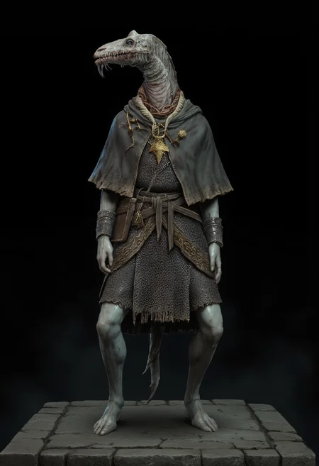 malformed hobo Miner lizardman in a roman soldier armor mixed with legionnaire attire, Toad shaped skull, elongated cobra neck, horse hoofs instead of legs
Standing on a flat ground
Set against a solid dark black color background to emphasize its unsettling unnatural form that emphasizes its silhouette. The medium is not a traditional painting or illustrative medium like watercolor or ink but rather a digital 3D rendering.
MikeFranchinastyle, bbstyle,, horror theme,, ZBClay model of a gray sculpture, zbrush, d4arks0uls, overcast lighting