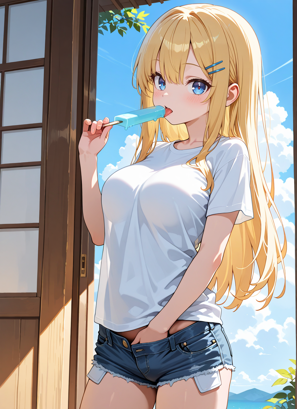 masterpiece,best quality,absurdres,highres,very aesthetic,high quality,detailed,insanely detailed,beautiful,perfect lighting, looking at viewer, very awa
1girl, solo, hair ornament, hairclip, long hair, blush, blonde hair, large breasts,  white shirt,  short shorts, 
 <lora:privet-move:1> one hand in pants, popsicle, licking popsicle, 
cowboy shot,, <BREAK> , masterpiece, amazing quality, best quality, ultra-detailed, 8K, illustration, CG, anime coloring,