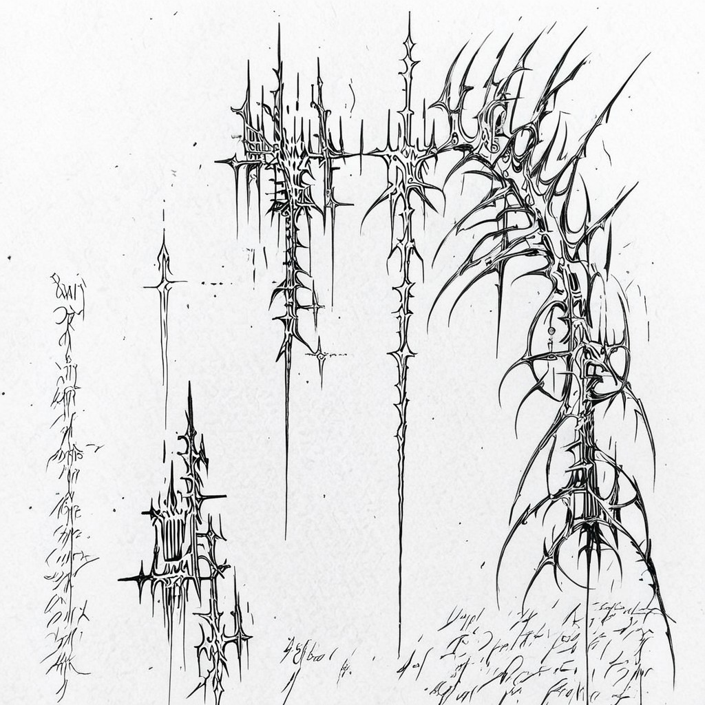 cybersigilism, bio, metallic, (despair, pain, depression, suicide, destruction:1.5),
(sketch, monochrome, traditional media:1.2)