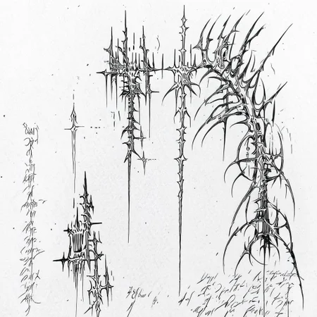 cybersigilism, bio, metallic, (despair, pain, depression, suicide, destruction:1.5),
(sketch, monochrome, traditional media:1.2)