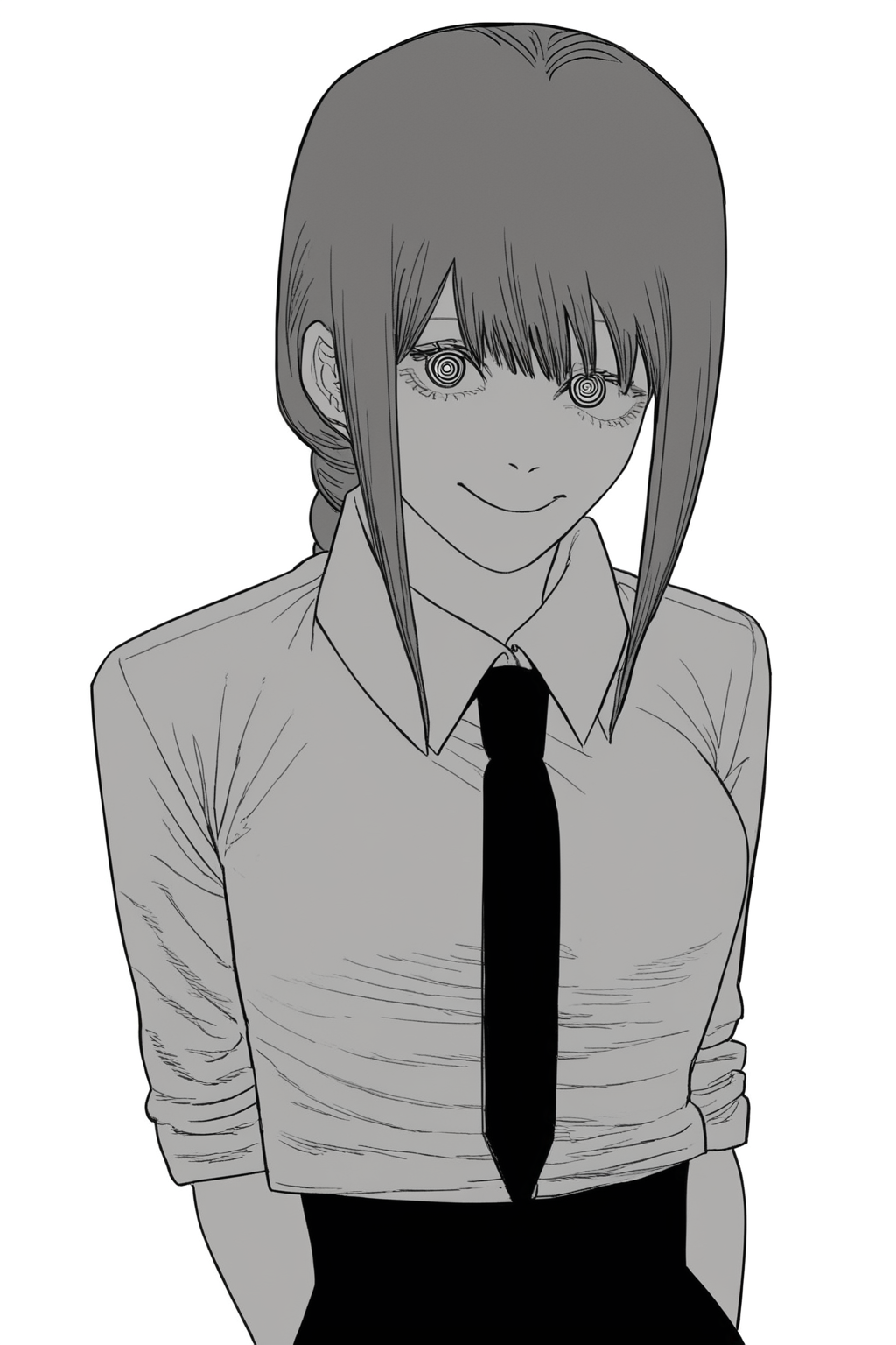 score_9, score_8_up, score_7_up, score_6_up, score_5_up, score_4_up,   <lora:Fujimoto_Manga_Style_r1:1>, fujimotomangastyle, 1girl, ringed eyes, makima (chainsaw man), monochrome, solo, greyscale, necktie, looking at viewer, shirt, collared shirt, simple background, smile, sidelocks, white background, bangs, medium hair, closed mouth,  braided ponytail, light smile, black necktie, braid, office lady, eyelashes, long hair, cowboy shot, narrow waist, wide hips, curvy, large breasts