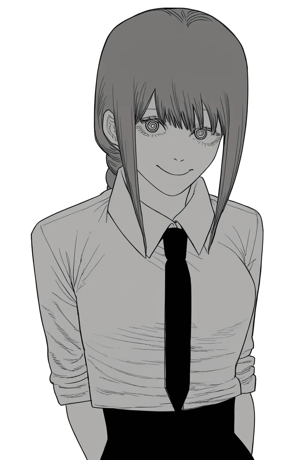 score_9, score_8_up, score_7_up, score_6_up, score_5_up, score_4_up, <lora:Fujimoto_Manga_Style_r1:1>, fujimotomangastyle, 1girl, ringed eyes, makima (chainsaw man), monochrome, solo, greyscale, necktie, looking at viewer, shirt, collared shirt, simple background, smile, sidelocks, white background, bangs, medium hair, closed mouth, braided ponytail, light smile, black necktie, braid, office lady, eyelashes, long hair, cowboy shot, narrow waist, wide hips, curvy, large breasts