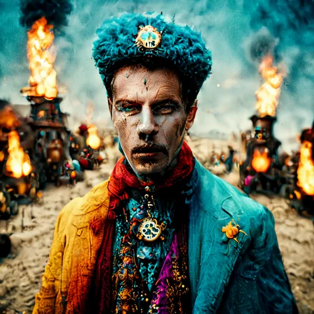 burning man festival, cinematic film still of man in colorful steampunk clothes , shallow depth of field, vignette, highly detailed, high budget Hollywood movie, bokeh, cinemascope, moody, epic, gorgeous, film grain, grainy , <lora:oldMJstyle_v1_SDXL:1> by oldmjstyle