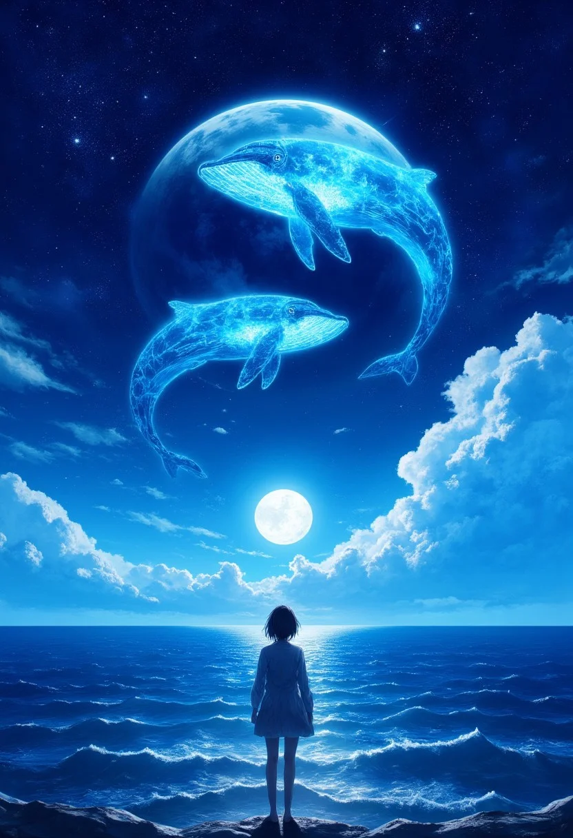 In the starry sky, there is an oversized moon and two glowing blue whales floating within it. A girl stands on the ground looking up at them with her back to the viewer. The background features a beautiful seascape, creating a dreamy scene of tranquility and fantasy. It's like being immersed in another world, in the style of anime, highest quality.