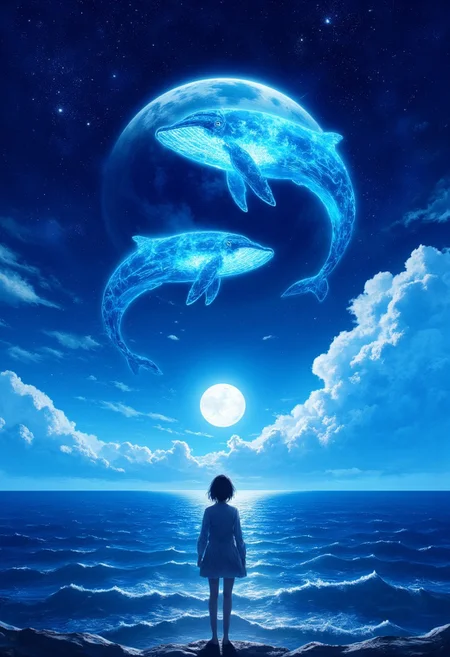 In the starry sky, there is an oversized moon and two glowing blue whales floating within it. A girl stands on the ground looking up at them with her back to the viewer. The background features a beautiful seascape, creating a dreamy scene of tranquility and fantasy. It's like being immersed in another world, in the style of anime, highest quality.