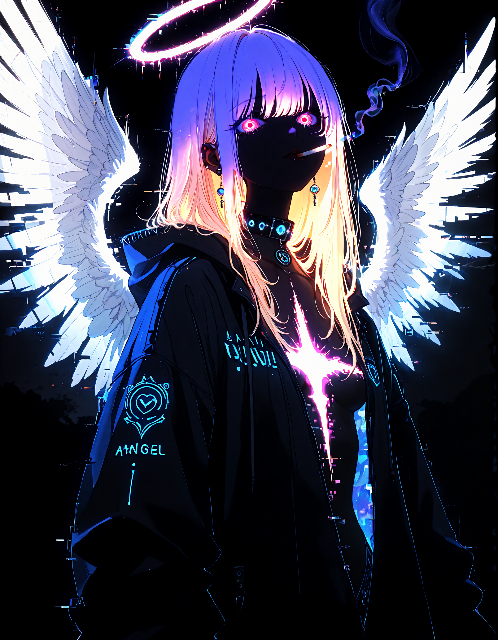 masterpiece, best quality, good quality, newest, highres, absurdres, 1girl, jewelry, cigarette, solo, halo, wings, long hair,glowing,  smoking, earrings, looking at viewer, angel wings, ring, angel, bangs, hood, long sleeves, feathered wings, blonde hair, collar,hood down, white wings, jacket,glitch_art,(surreal:1.3),  glowing,  <lora:XXX667:0.6>, <lora:mon_monmon2133:0.3>, <lora:NOOB_EPSv1_1_detailer_by_vlnvk_v1_0:0.3>, <lora:114558v4df2fsdf5:1>, <lora:illustriousXL_stabilizer_v1.23:0.3>,<lora:ponyv6_noobE11_2_adamW-000017:0.4>,(double exposure:1.5),(blending:1.2),(revealing layer:1.2),